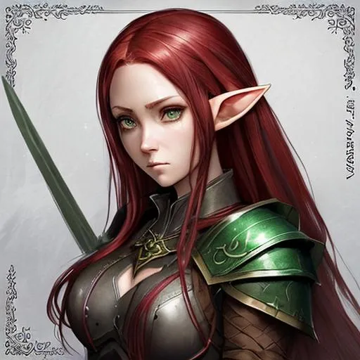 Prompt: female eladrin elf Gloom Stalker Ranger character concept art and illustration by akihiko yoshida, style of pixar, amazing detailed face closeup, Long plaited red hair, big beautiful grey eyes, fighter warrior, wearing a fighter leather armor, royal themed armor, action, madhouse and kyoani character face, cute, pretty girl, portrait, pixiv, artstation, specatcualr details, Volumetric Lighting, Dramatic lighting