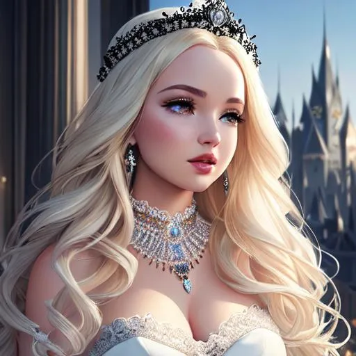 Prompt: Dove Cameron, Hyper realistic, detailed face, sitting , battlefield ethereal white and black lace royal princess two piece long tight dress, floating city in background, jewelry set, curly long blonde hair, black sky and white flowers in the background, royal vibe, highly detailed, digital painting, HD quality, pale skin, artgerm, by Ilya Kuvshinov 
