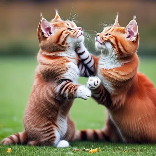 Prompt: In this captivating image, two adorable cats are seen playfully engaging with each other. Their vibrant fur coats, one with striking stripes and the other with a beautiful mix of colors, catch the eye immediately. With their tails held high and ears perked up, they exude a sense of excitement and energy. Their paws are gently swatting at each other, showcasing their playful nature. The intensity of their expressions reveals their enthusiasm for this friendly feline battle. It's a delightful scene that captures the joy and camaraderie between these two furry companions.