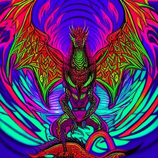 Prompt: Hypnotic illustration of a Dragon avatar, hypnotic psychedelic art by Dan Mumford, pop surrealism, dark glow neon paint, mystical, Behance