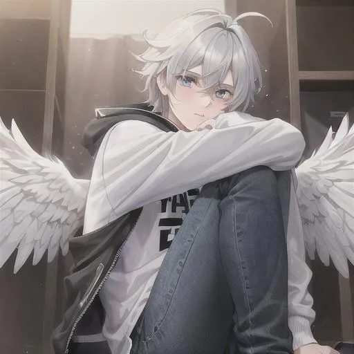 Prompt: a adorable teenage boy, with feathered wings, he is white and his wings are black he wears a pair of jeans and a jacket. his eyes are covered by his bushy hair