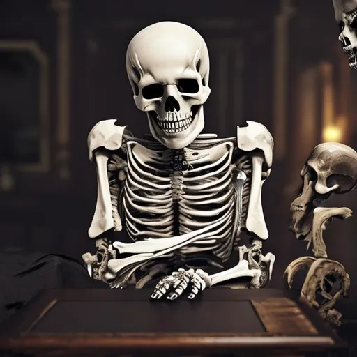 Prompt: A skeleton is typing wait for the revenge 