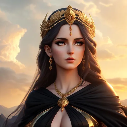 Prompt: Drama 3D HD Ominous, Forbearing, Brooding (Arrogant, Aloof, {goddess} female dressed as Aphrodite}, Evening, hyper realistic, 8K expansive Mount Olympus background --s99500