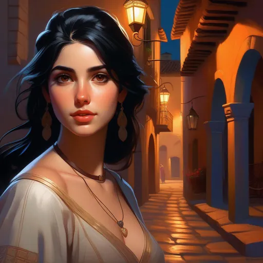Prompt: Third person, gameplay, Cordoban girl, pale skin, black hair, brown eyes, Cordoba at night, cold atmosphere, cartoony style, extremely detailed painting by Greg Rutkowski and by Henry Justice Ford and by Steve Henderson 

