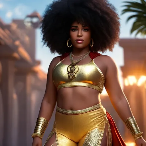 Prompt: {highly detailed, masterpiece, 4k hdr}. An Attractive African American Wizard, thick thighs, gold jewelry {dollar symbol, Necklace}, skimpy Bikini {spandex}, cloak, Glock