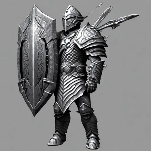 Prompt: Grey mascular warrior ,holding a huge shield and weapons, hyperdetaile 3d 1 art sketching