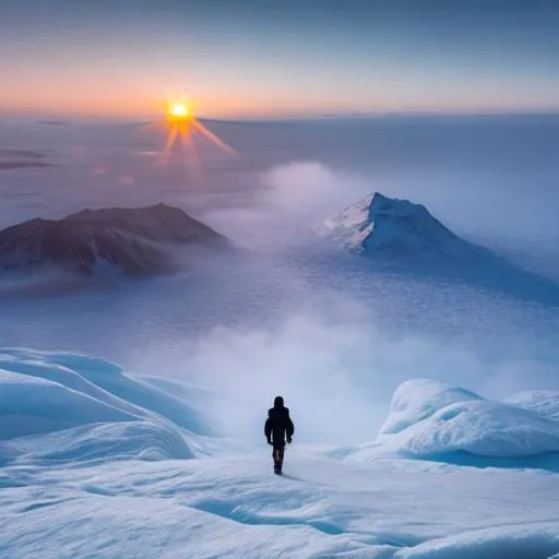 Prompt: A man walking alone on the mountain of ice land while ice mist and facing the sunrise