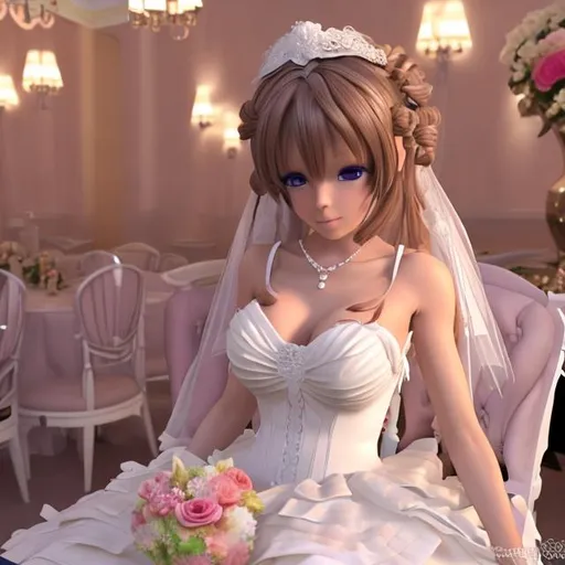 beautiful 3d anime girl in a white wedding dress sit