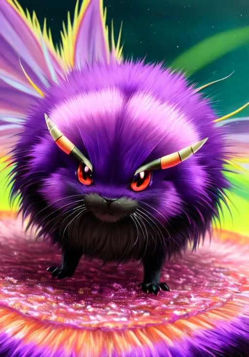 Prompt: UHD, , 8k,  oil painting, Anime,  Very detailed, zoomed out view of character, HD, High Quality, Anime, Pokemon, Venonat is an insect Pokémon with a spherical body covered in purple fur and two purple & pink fly-like eyes. The fur releases a toxic liquid and it spreads when shaken violently off their bodies. A pink pincer-like mouth with two teeth, stubby forepaws, and a pair of two-toed feet are visible through its fur. Its limbs are light tan. There is also a pair of white antennae sprouting from the top of its head. However, the most prominent feature on its face are its large, red compound eyes. Venonat's highly developed eyes act as radar units and can shoot powerful beams.

Venonat can be found in dense temperate forests, where it will sleep in the hole of a tree until nightfall. It sleeps throughout the day because the small insects it feeds on appear only at night. Both Venonat and its prey are attracted to bright lights.

Pokémon by Frank Frazetta