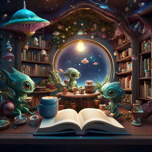 Prompt: "open book with a miniature space coffeshop full of aliens growing from it's pages | Amazing and beautiful creation, lots of details | high quality| sharp focus, studio photo, intricate details, highly detailed | story book style, muted colors, watercolor style | award winning artwork, perfection | 8k | octane render | unreal engine, by Alexander Jansson"
"Space as background. Stars and nebulas. award winning light effects background, stunning background,"
