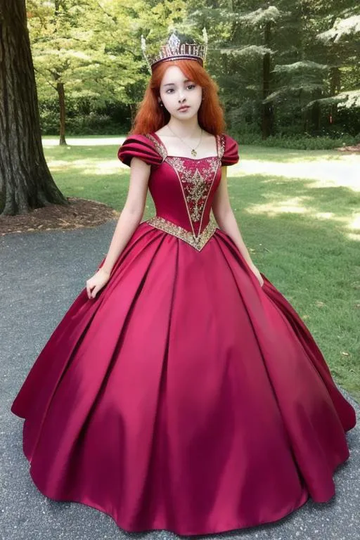 Prompt: Girl 17yo, Queen dress, Queen crown, red hair,