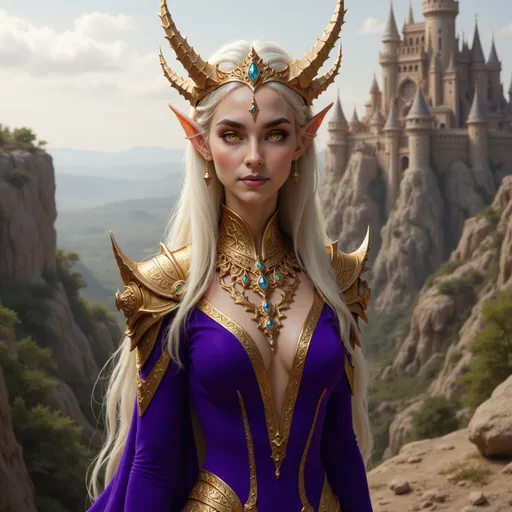 Prompt:  @VITLFRBSebJkkO8huw5E purple clothes, large crown, lots of jewelry, castle