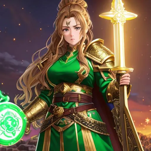 Prompt: "Full body, oil painting, fantasy, anime portrait of a gold dwarf woman with wavy light brown hair in a ponytail and dark green eyes, stocky build | Earth cleric wearing intricate green cleric robes and scale mail armor wielding a war hammer and shield in her hands, #3238, UHD, hd , 8k eyes, detailed face, big anime dreamy eyes, 8k eyes, intricate details, insanely detailed, masterpiece, cinematic lighting, 8k, complementary colors, golden ratio, octane render, volumetric lighting, unreal 5, artwork, concept art, cover, top model, light on hair colorful glamourous hyperdetailed medieval city background, intricate hyperdetailed breathtaking colorful glamorous scenic view landscape, ultra-fine details, hyper-focused, deep colors, dramatic lighting, ambient lighting god rays, flowers, garden | by sakimi chan, artgerm, wlop, pixiv, tumblr, instagram, deviantart