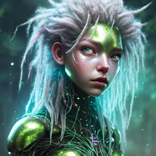 Prompt:  Female,moss hair,soft lighting,concept art, digital,feminine 
Earthy,hyperrealistic, futuristic, technology,technology, robotic,fantasy,texture,mystical,ethereal,shiny,watery, green eyes, galaxy, humanoid,kawaii, dripping, superhero,glowing,pearlescent,leather outfit,metallic,wire dreadlocks,crystalline,stones,sparkling, disco ball, space warrior,viking,nymph,full lips, red lips,tribal face tattoos,