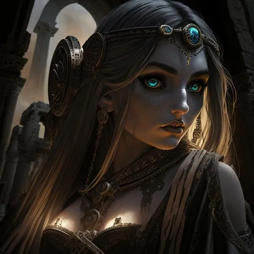 Prompt: Epic, Heroic, fantasy, ominous, cinematic lighting, 3D, HD, [{Steampunk}Gypsy with long hair, Beautiful big reflective eyes]::2, {Greek}mythology, mist, expansive ancient Greece background, hyper realistic, uber detailed, 64k, high quality, sharp focus, studio photo, intricate details, highly detailed --s98500