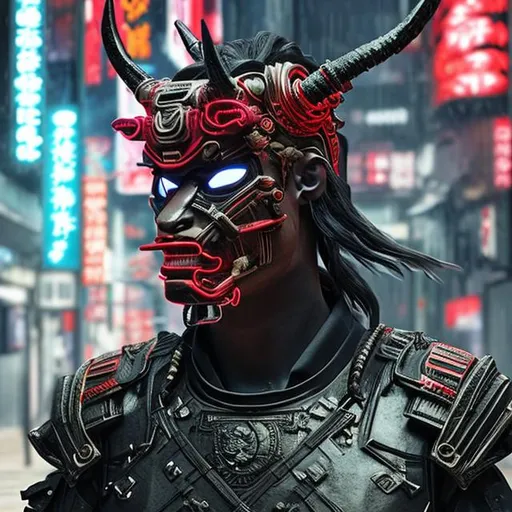 Prompt: cyberpunk samurai ultra realistic horned mask