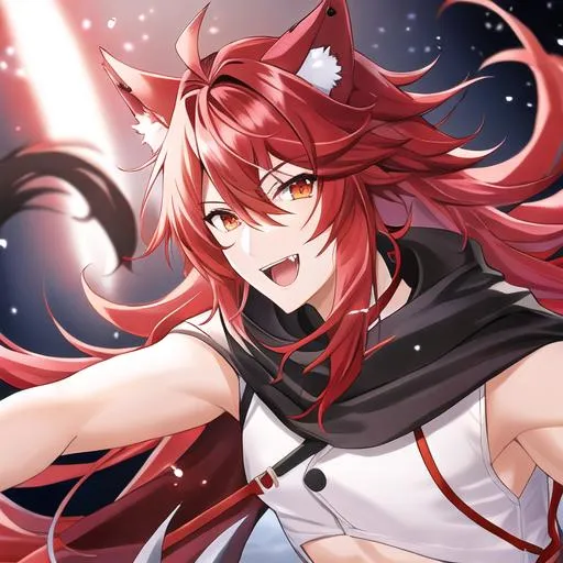 Prompt: Zerif male(Red side-swept hair covering his right eye) wolf ears, wolf tail, HD, 8K, open mouth, fangs