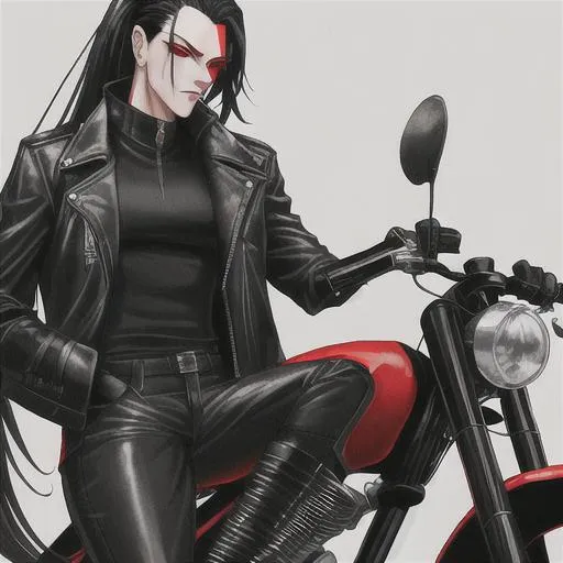 Prompt: Tall, fit, street biker with red eyes, black hair, wearing a full leather outfit sitting on a chopper
