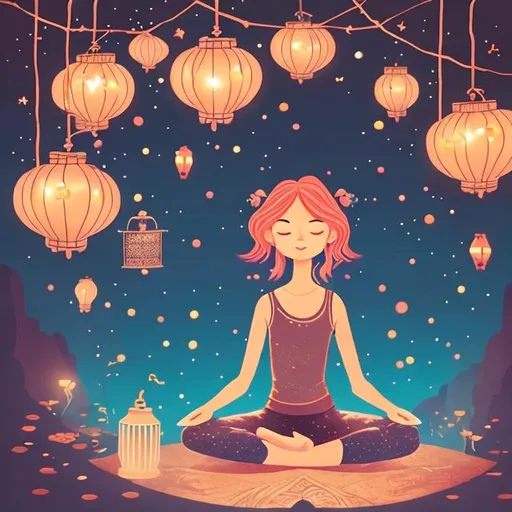 Prompt: Girl with rose gold hair yoga with lanterns colorful storybook illustrations 