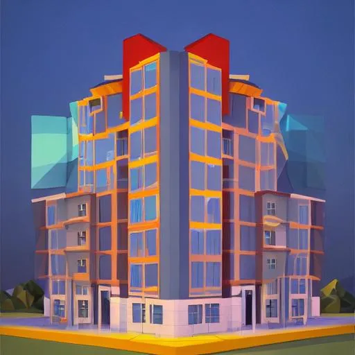 Prompt: energetic painting for hiring purpose with a residence building background, low poly style