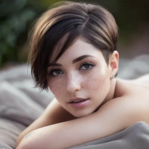 Prompt: DESCRIPTION(short hair) QUALITY(beautiful pandora, princess-beautiful face, ultra-detailed) APPEARANCE(incredible detail, highly detailed, gorgeous body and face, pale flawless skin, detailed texturized skin, skin texture, freckles and super small skin moles, composition, Award Winning Photo, Ultra-Realistic, Peaceful, Warm Colors) TECHNICS(film photography, studio photo, intricate details, highly detailed) FOCUS(close portrait, sharp focus, thematic cybercity background, close up portrait photo by Annie Leibovitz, film, ultra realistic, bokeh, sharp features) LIGH(studio lighting, light leaks) STYLE(by Artist Gustav Klimt, Highly Detailed, Lyrical Abstraction, Sōsaku Hanga)