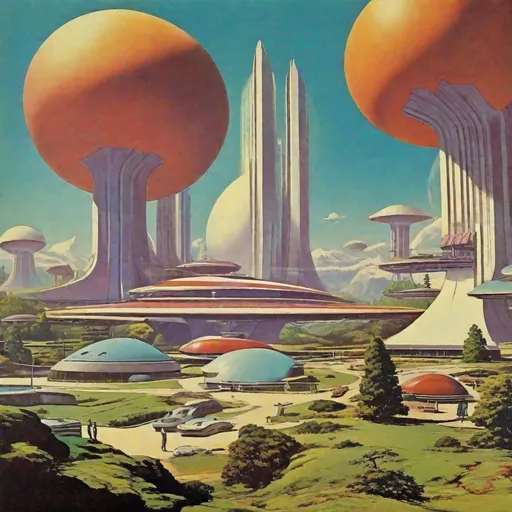 Prompt: Utopian retro futuristic society 1970’s landscape