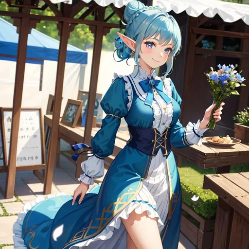 Prompt: close-up portrait of young elf girl with blue hair tied in a bun, elegant frilly victorian dress, petals, windy, outdoor stalls, walking, looking to the side, smile