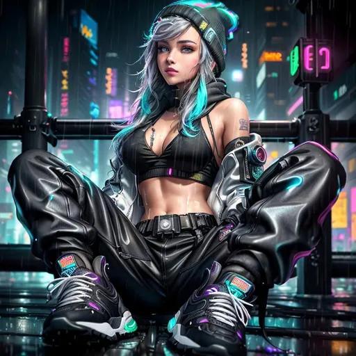 Prompt: ((best quality)), ((masterpiece)), intricately detailed, cyberpunk, futuristic city, night city, neon, 1girl, rain, puddles, portrait, sweatpants, open jacket, beanie, white sneakers, hands in pockets, cowboy shot