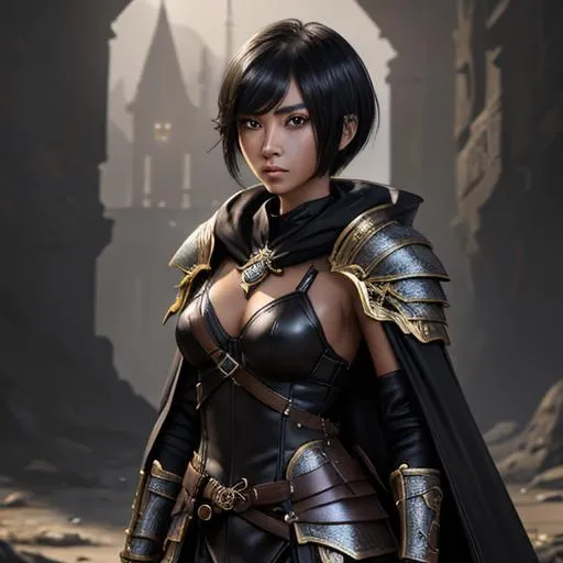 Prompt: masterpiece, splash art, ink painting, beautiful pop idol, D&D fantasy, (25 years old) lightly tanned-skinned human girl, ((beautiful detailed face and large eyes)), determined expression, short hazel cut hair, serious expression looking at the viewer, wearing detailed splint armor and a dark cloak in a dungeon #3238, UHD, hd , 8k eyes, detailed face, big anime dreamy eyes, 8k eyes, intricate details, insanely detailed, masterpiece, cinematic lighting, 8k, complementary colors, golden ratio, octane render, volumetric lighting, unreal 5, artwork, concept art, cover, top model, light on hair colorful glamourous hyperdetailed medieval city background, intricate hyperdetailed breathtaking colorful glamorous scenic view landscape, ultra-fine details, hyper-focused, deep colors, dramatic lighting, ambient lighting god rays, flowers, garden | by sakimi chan, artgerm, wlop, pixiv, tumblr, instagram, deviantart