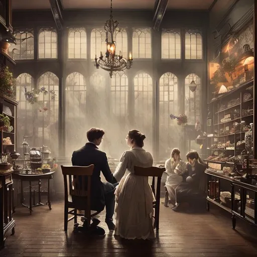 Prompt: [ ] Beautiful image of couple sitting in classroom full of lust ,so much light ,dark Victorian tea shop ,rain,couple with full of lust , flowers,light ,animated, asthetic 