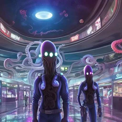 Prompt: octopus security guards in a busy alien mall, widescreen, infinity vanishing point, galaxy background, surprise easter egg