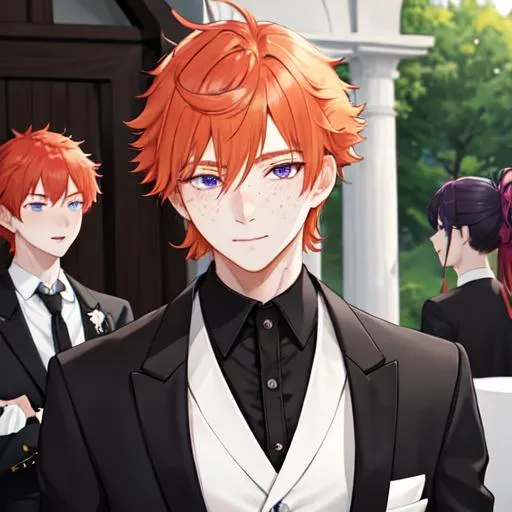Prompt: Erikku 1male (short fluffy ginger hair, freckles, right eye blue, left eye purple) wearing a black suit at a wedding