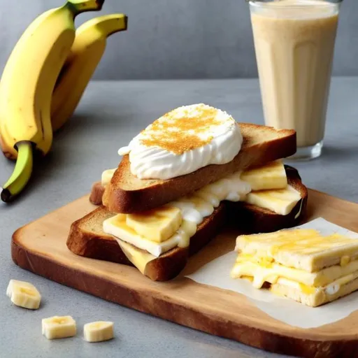 Prompt: banana cheese sandwich on toast with cheese milkshake 