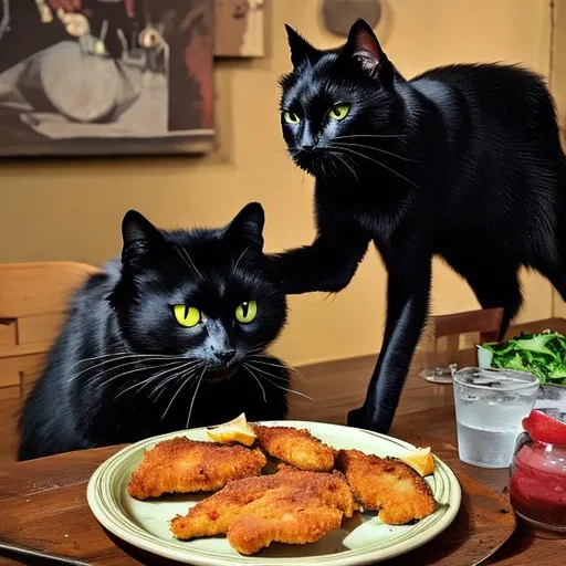 Prompt: A black cat eating schnitzel 