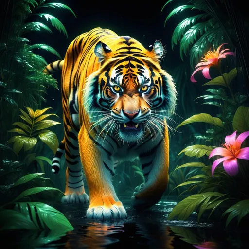 Prompt: Realistic image, 4k image, A neon-lit jungle with glowing flora and fauna, liquid lights, We see a Beautiful strong tiger who are angry and he is attacking us, roaring and warning us to come near us. jungle foliage and flowers incorporated, light emitting, Gustav Klimt style, black background