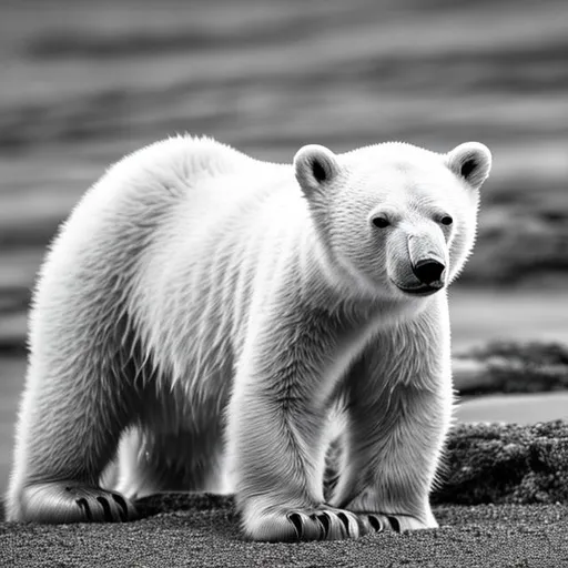 Prompt: polar bear cub antarctica, black and white 