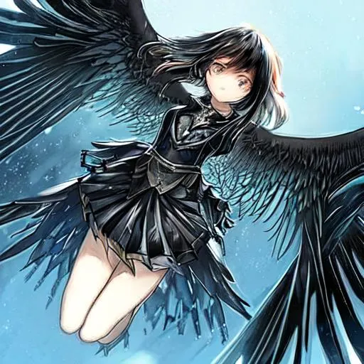 Anime,girl,wings,fly,black hair,smile,sky