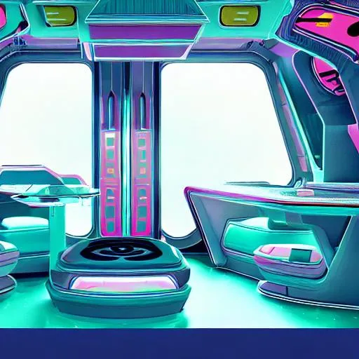 Prompt: a new space civilization with retro futurism furniture and lots of bright colors with a window that shows space