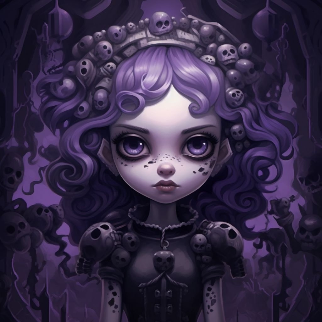 Prompt: a girl in black on a purple background, in the style of detailed and macabre, airbrush art, dark white and gray, warped, tweencore, inventive character designs, kawaiipunk