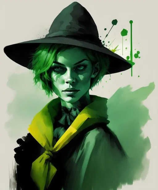 Prompt: Witch Cadmium green in color, witch hat, witch outfit, Asymmetric cut hair, background fog and clouds of many colors, masterpiece, best quality, (in cartoon style)