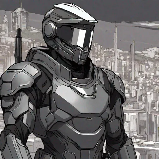 Prompt: Whole body. Full figure. A Venezualean male soldier in scifi 20th century armor uniform. He has an helmet with a scifi visor covering his face. Dark grey uniform. uniform with black details. In background a scifi Spanish city. Anime art. Rpg. Anime style. Akira art. 2d art 2d. Well draw face. Detailed. 