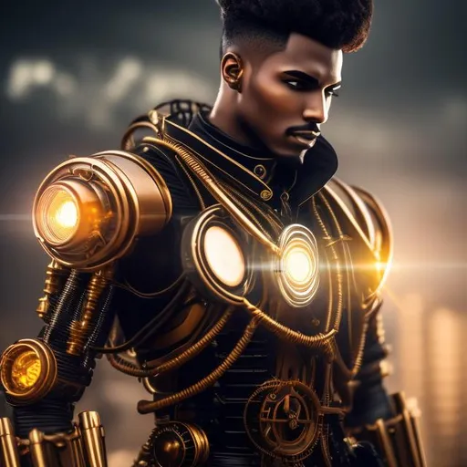 Prompt: Please produce a photograph of a steampunk robotic handsome male android, brown skin, with fantasy colors, flashy lights, in a dark background, high quality, trending art, trending on artstation, sharp focus, studio photo, intricate details, highly detailed, UHD, HDR, 8K, ((Masterpiece))