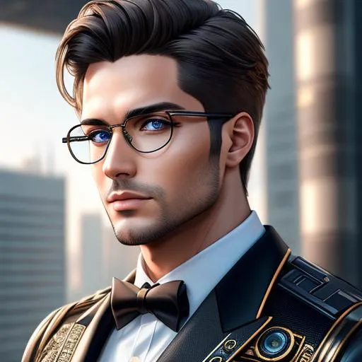 Prompt: half body shot, a hyper realistic ultra detailed halfbody portrait of a hunk man wearing science glasses at a dystopian city, detailed symmetric beautiful hazel eyes, detailed gorgeous face, intricate clothing, apocalyptic environment,  exquisite detail, 30-megapixel, 4k, Canon EOS 5D Mark IV DSLR, 85mm lens, sharp focus, intricately detailed, long exposure time, f/8, ISO 100, shutter speed 1/125, diffuse back lighting, award winning photography, monovisions, perfect contrast, High sharpness, facial symmetry, depth of field, ultra-detailed photography, raytraced, global illumination, TanvirTamim, smooth, ultra high definition, 8k, unreal engine 5, ultra sharp focus, award-winning photograph, trending on artstation