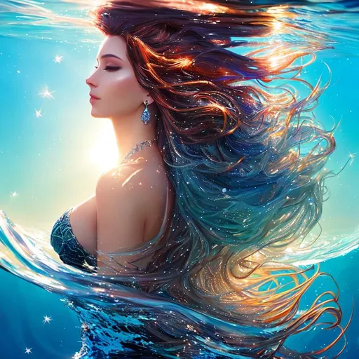 Prompt: Digital style painting, a beautiful woman, swimming, deep ocean, sun beams, long curly flowing hair, seaweed, filigree decoration, backlit, sparkles