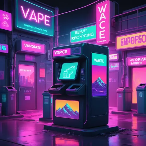 Prompt: Futuristic-vaporwave illustration of a Vape recycling service, neon color palette, retro-futuristic cityscape, holographic recycling bins, 80s-inspired vaporwave aesthetics, detailed electronic waste, holographic signage, vibrant neon lights, high quality, vaporwave, futuristic, neon colors, retro-futuristic, detailed electronic waste, holographic visuals, recycling service, cityscape, vibrant lighting