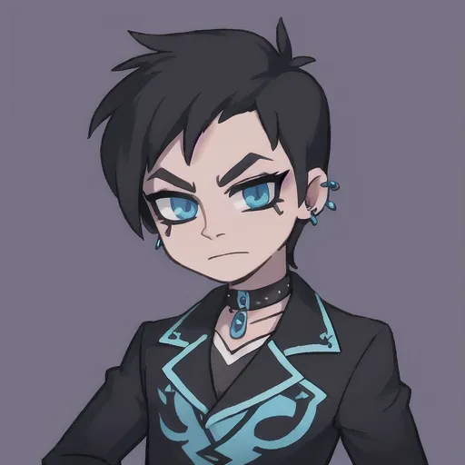 Prompt: Monster high, Jackson Jekyll, humam, fair skin, blue eyes, short black hair, nerdy, male, shy, eyebrow piercing, emo