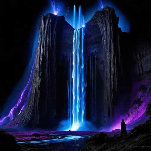Prompt: An awe-inspiring alien landscape on the planet Vyrathis, centered around a colossal, otherworldly waterfall. The water is a black luminous fluid (liquid light:2.0), flowing powerfully over the cliff’s edge in dynamic, fluid motion. The inky black stream shimmers with faint, iridescent highlights, glowing faintly as it cascades downward (hypnotic luminescence, glowing currents:1.9). Twisting eddies and spiraling waves form as the liquid crashes into sharp, jagged obsidian rocks below (explosive mist, glowing black froth:1.8). The black liquid reflects the haunting glow of the dark sun (shadowy hues, radiant darkness:1.9), casting intricate patterns of light and shadow across the scene.
The cliffs and banks are adorned with bioluminescent flora (alien plant species, glowing with vibrant dark hues:2.0), emitting radiant colors such as electric blues, neon greens, fiery oranges, and deep purples. These plants glow softly, their light pulsating like a heartbeat, and their translucent leaves and tendrils sway gently, echoing the motion of the waterfall. Some vines and flowers cascade down the cliff face, intertwining with the black, luminous liquid, creating a mesmerizing contrast between glowing colors and shimmering darkness.
The alien fauna are sleek and ethereal, with glowing, bioluminescent patterns etched into their dark forms. Some creatures cautiously drink from the calmer black pools downstream (vivid reflections on liquid light:1.8), while others leap gracefully between glowing rocks or hover on faintly glowing wings (surreal, weightless motion:1.5). Their melodic, echoing calls harmonize with the roar of the waterfall, adding life and mystery to the landscape.
Behind the waterfall, a mysterious cave glows faintly (hidden chamber, radiant depths:1.9), partially obscured by the cascading black fluid. Its light shifts and pulsates like a living thing, hinting at ancient, otherworldly secrets hidden within. The composition is alive with dynamic motion, vivid contrasts of light and shadow, and the surreal beauty of liquid light flowing through an alien world, capturing the majesty, mystery, and scale of Vyrathis.