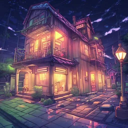 Prompt: Anime trap house at night