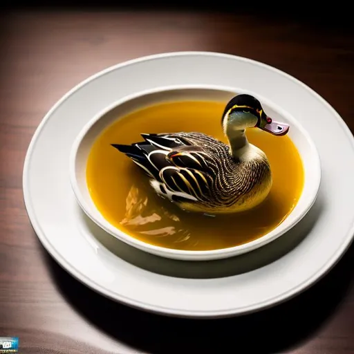Prompt: a duck swims in the middle of a soup plate, hiperrealistic, cynematic lighting, gopro kamera, 8K