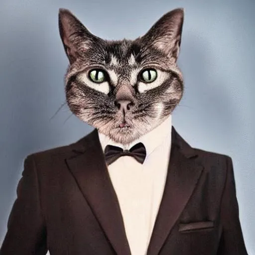 Prompt: Cat in a suit and has a black tie with a gun in its hand.

